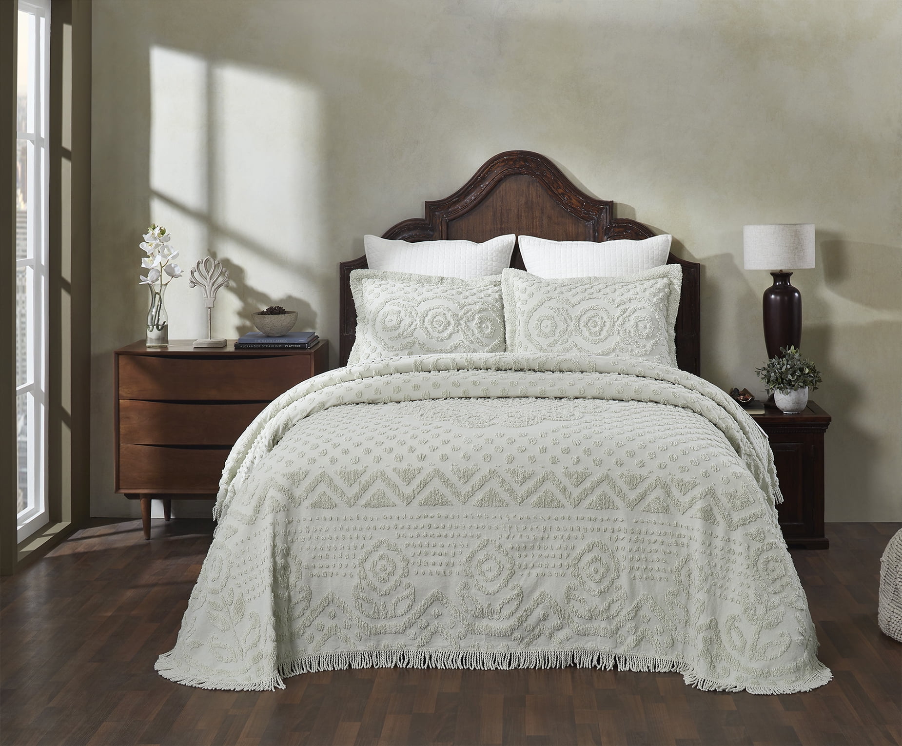 Better Trends 3 Piece Chenille Bedspread Set for King Bedspread 100% Cotton Medallion Design Lightweight Bedspread for all Season Heirloom Collection (Sage)