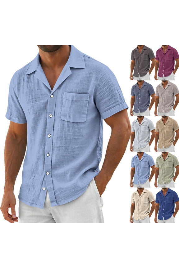 Men's Linen Shirts Short Sleeve Button Up Lightweight Summer Casual Pocket Solid Color Beach Shirts with Pocket Light Green L
