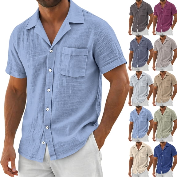 Qwertyu Men's Linen Shirts Short Sleeve Button Up Lightweight Summer Casual Pocket Solid Color Beach Shirts with Pocket Light Green L