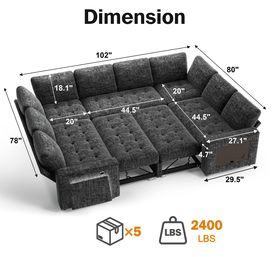 8-Seat Large U Shaped Modular Sectional | Pull Out Bed Sleeper Sofa Dark Black/ Reclining Backrest, USB Ports, LED Light & Storage Seat - Tool-Free Assembly