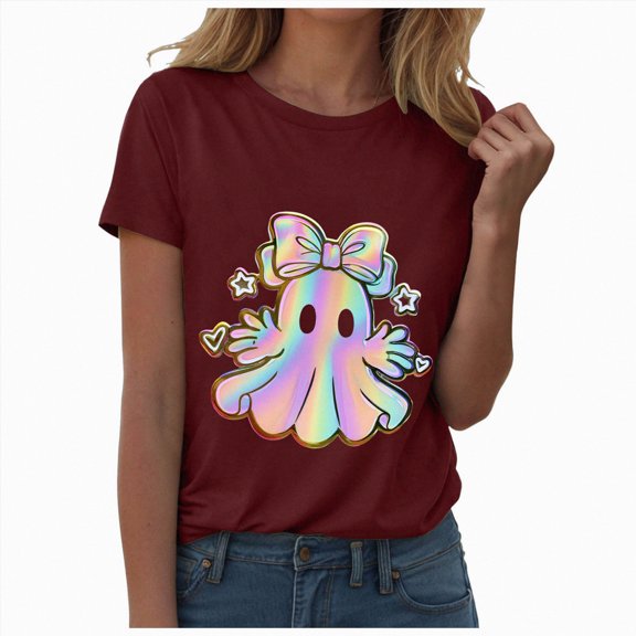 TOWED22 Halloween Shirts for Women Bow Ghost Shirt Cute Spooky Tshirt Fall Flower Graphic Tees Short Sleeve Casual Tops(Wine,L)