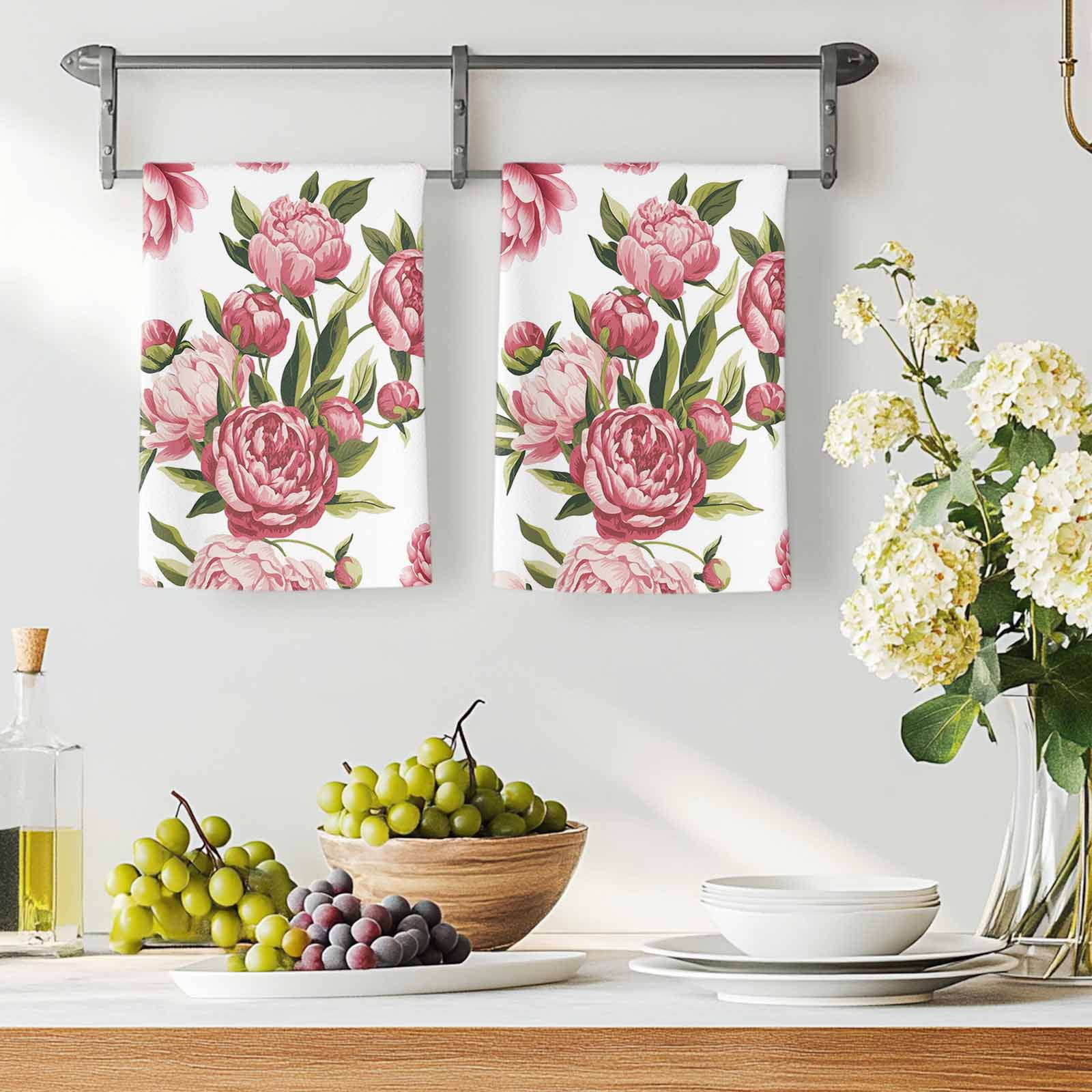 Dish Towels, Pink Rose Floral Absorbent Kitchen Towels 2 PCS, Leaves Flowers Microfiber Hand Towels Dish Cloths Tea Towels for Home&nbsp;Bathroom Cleaning Drying,18X28-Inch,