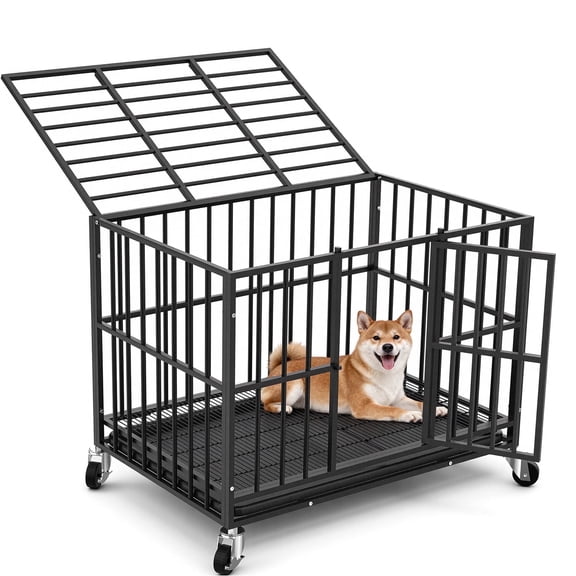 Time Ray 38 inch Heavy Duty Indestructible High Anxiety Dog Crate Cage for Medium Dog with Steel Escape Proof, Double Doors,Lockable Wheels and Removable Tray,Black