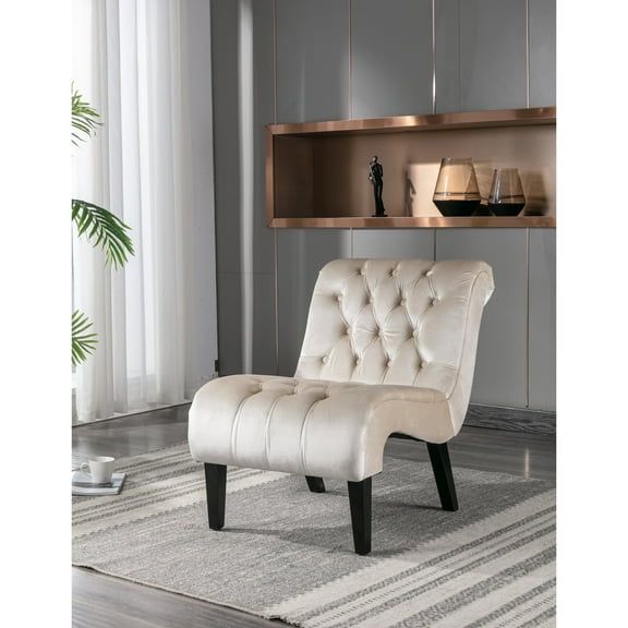 Beige Velvet Accent Chair With Wood Construction And Soft Back Armchair For Relaxation In Bedroom, Living Room, Office