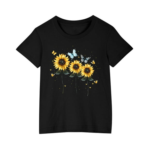Hduncf Boys Girls Floral Print Shirt Size 3-10 Years Cotton Short Sleeve Round Neck Tees T Shirts for Kids Black 5 Years
