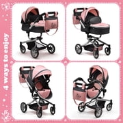 Dolls To Play Convertible Baby Doll Stroller 2-in-1 Pretend Play Pram with Adjustable Handle, Basket & Bag, Pink