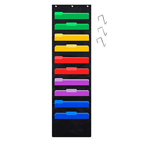 14 X 28 inch Wall File Organizer Folder with 5 File Pockets Organization Pocket Chart 5 Dry-Erase Name Cards Plus 2 Over Door Hooks