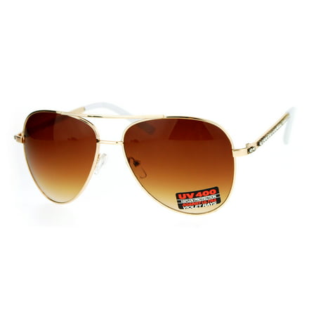 SA106 Rhinestone Iced Out Arm Diva Metal Aviator Sunglasses Gold White