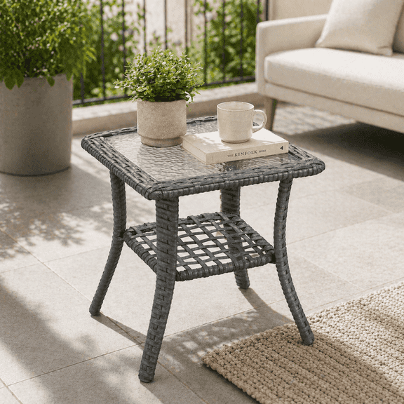 BelvaraHome 18" Outdoor Wicker Patio Side Table with Glass Top & Storage Shelf, Gray