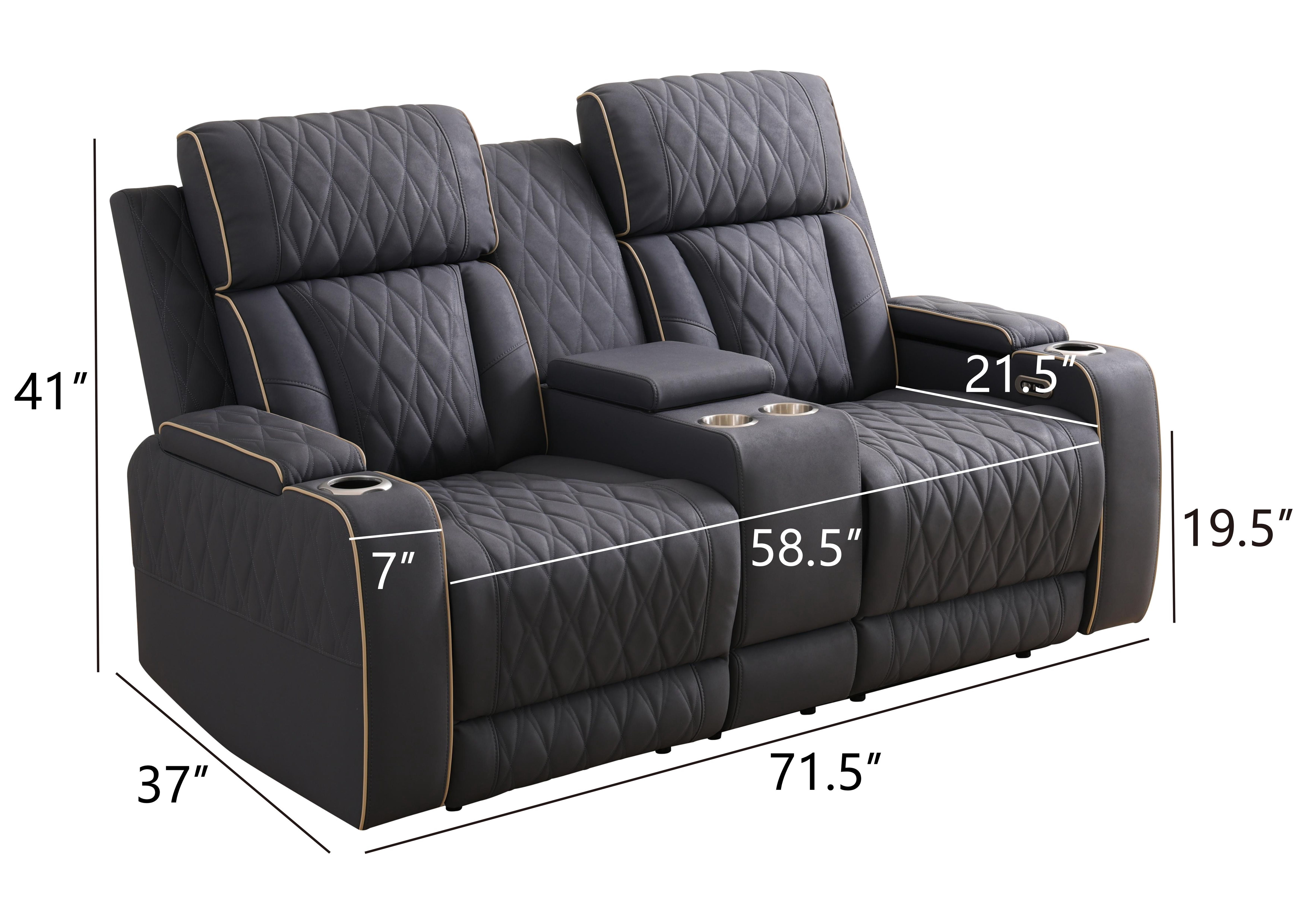 Gewnee Power Recliner Loveseat, LED Ambient Lights, Built in USB & Type‑C Ports, Hidden Storage, Home Theater Seating with Cup Holders, Matte Frosted Leather‑Blueish Grey