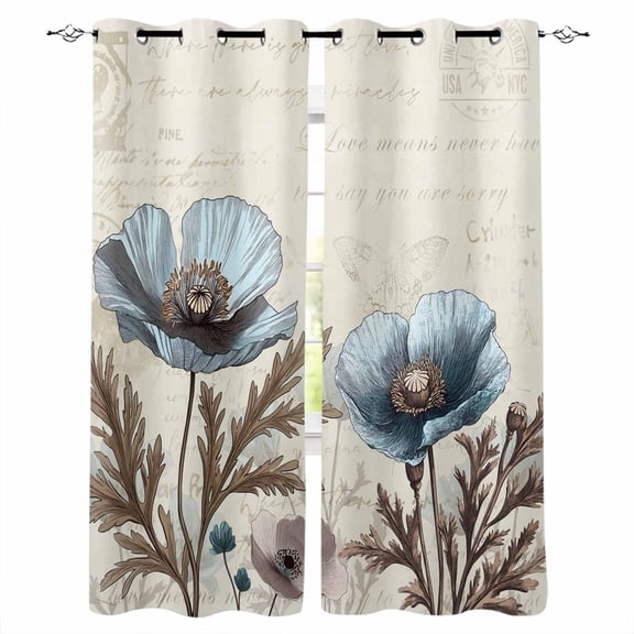 Vintage Flowers Blackout Curtains 96 Inches Long, Teal Blue Floral Brown Butterfly Leaf Thermal Insulated Black Out Curtains, Darkening Window Curtain Drapes for Bedroom Living Room 52"x96" 2 Panels