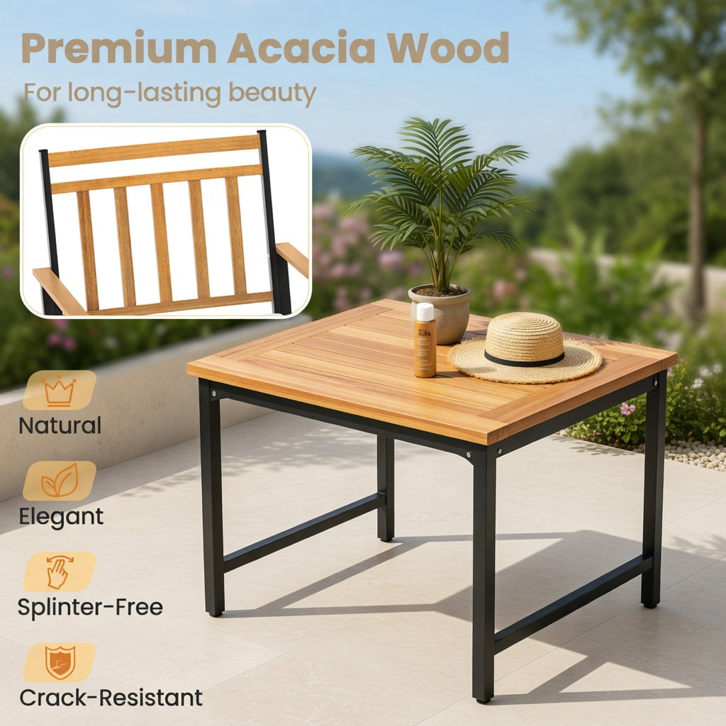 Hommoo 3-Piece Acacia Wood Outdoor Patio Conversation Set with Cushions, Sturdy Metal Frame, Ergonomic Chairs & Coffee Table for Backyard, Deck or Balcony, White