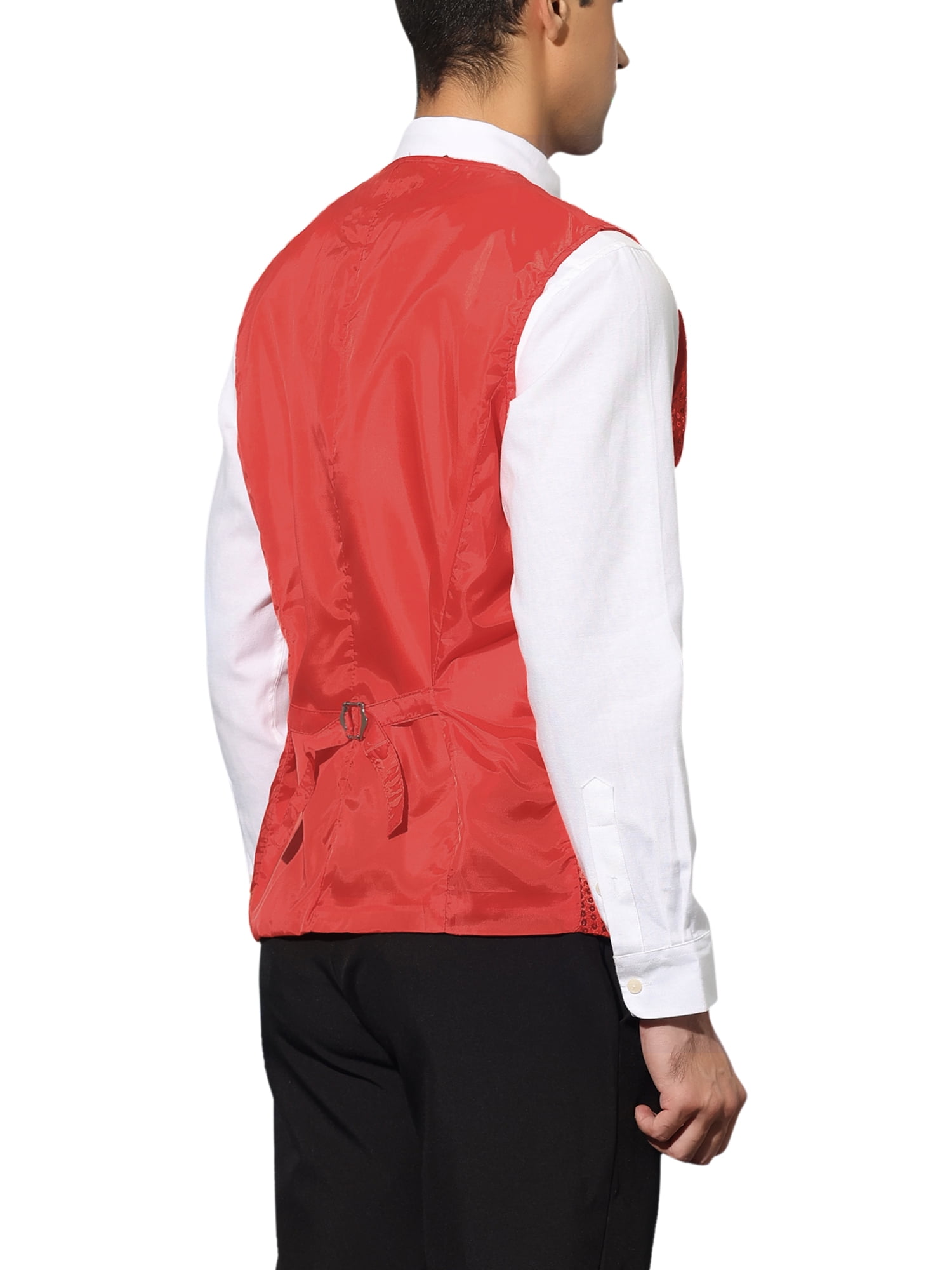 Unique Bargains Men's Sequin Waistcoat Sleeveless Dress Suit Vest with Bow Tie S Red