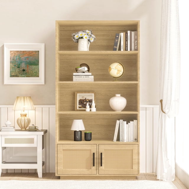 Qinaqin 5-Tier Boho-Style de Profundidad Madera Bookshelf con Rattan cm Profundidadoors Ideal Alto Almacenamiento para Living Sala Dormitorio Oficina en Casa o Kitchen