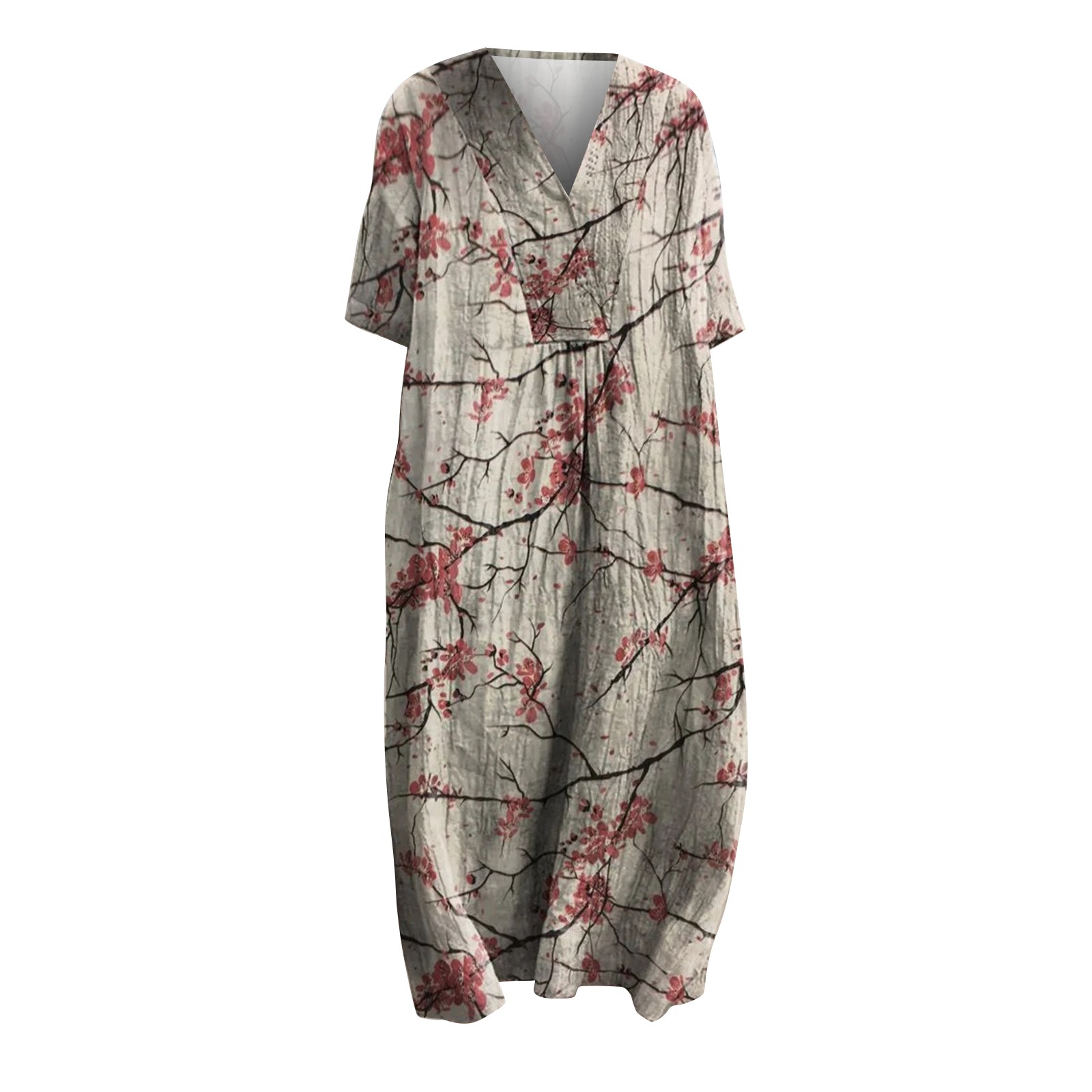 XVJRHAK Women's Vintage Floral Art Print Casual Flowing Dress With Pockets V Neck Dress (Khaki,M)