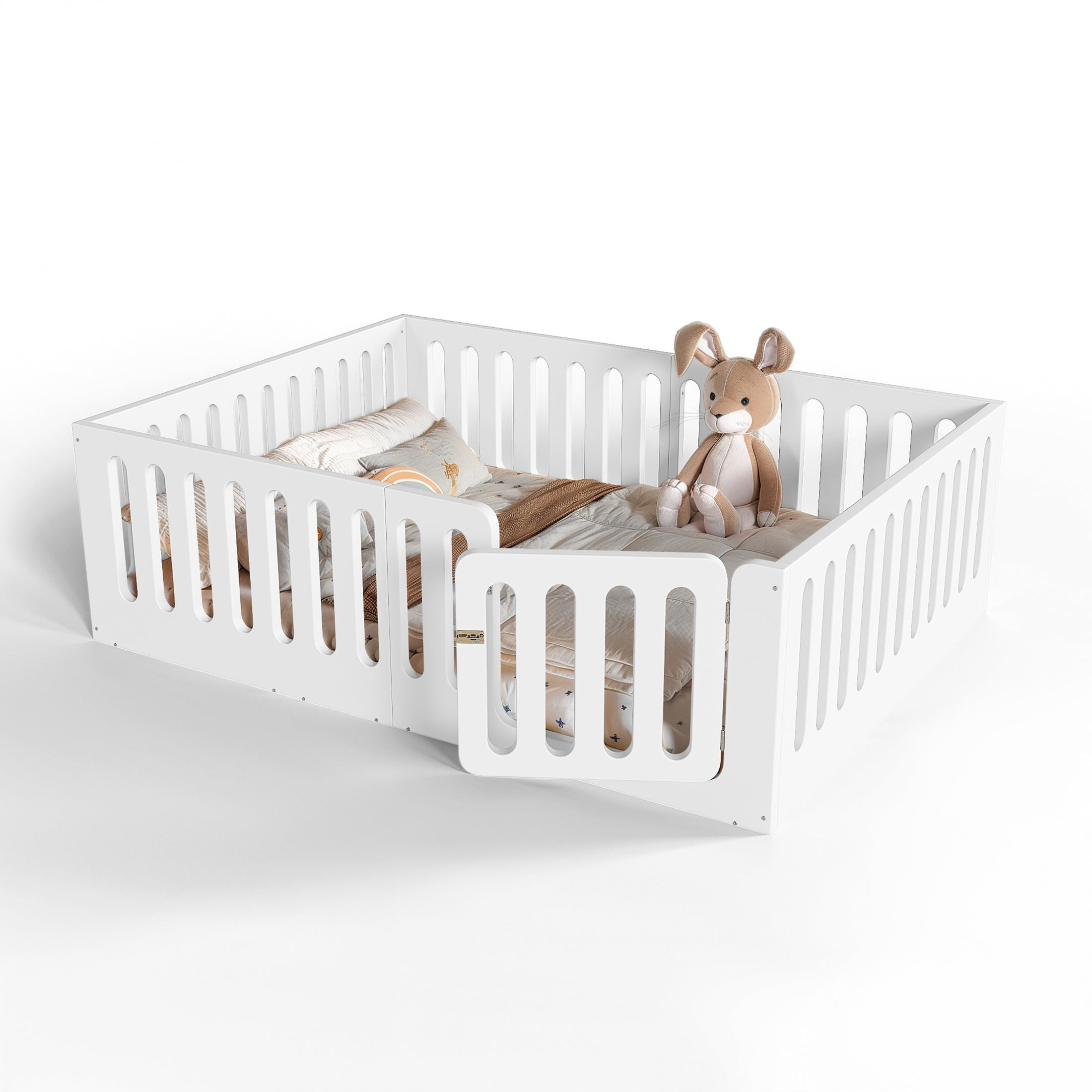GDF Studio Queen Size Montessori Floor Bed with High Guardrails & Door, Low-Profile Design, White