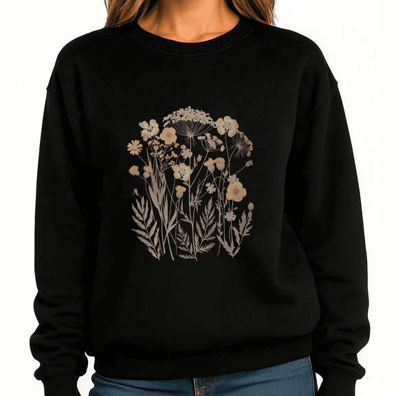 Black Print Sweatshirt Graphic Sweatshirt Wildflower Bouquet Gift For Floral Lovers S-3XL Tops