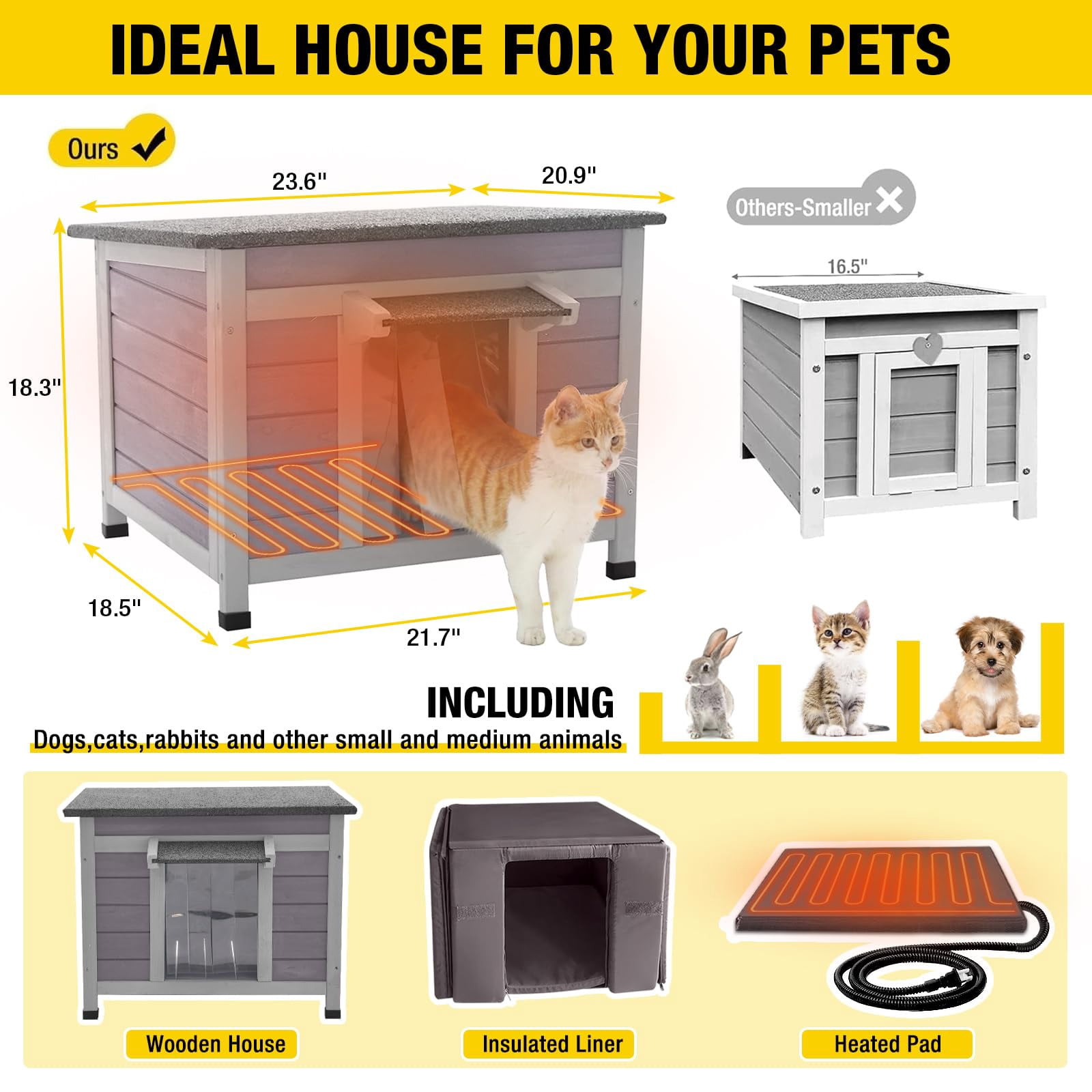 AIVITUVIN Heated Cat House for Outdoor Cats with Insulated Liner for Winter, Temperature Control Cat Cage, Indoor Kitty Shelter with Heating Pad