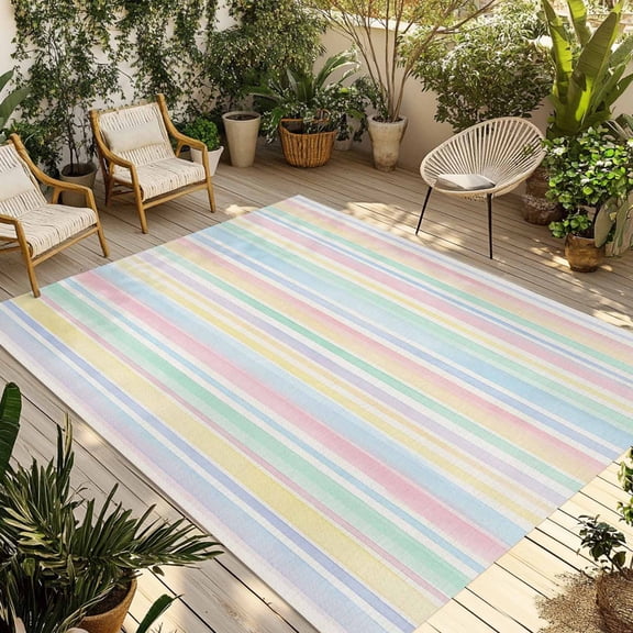Colorful Striped Outdoor Rug for Patio/Deck/Porch, Non-Slip Large Area Rug 5 x 7 Ft, Modern Vertical Stripes Watercolor Indoor Outdoor Rugs Washable Area Rugs, Reversible Camping Rug Carpet Runner