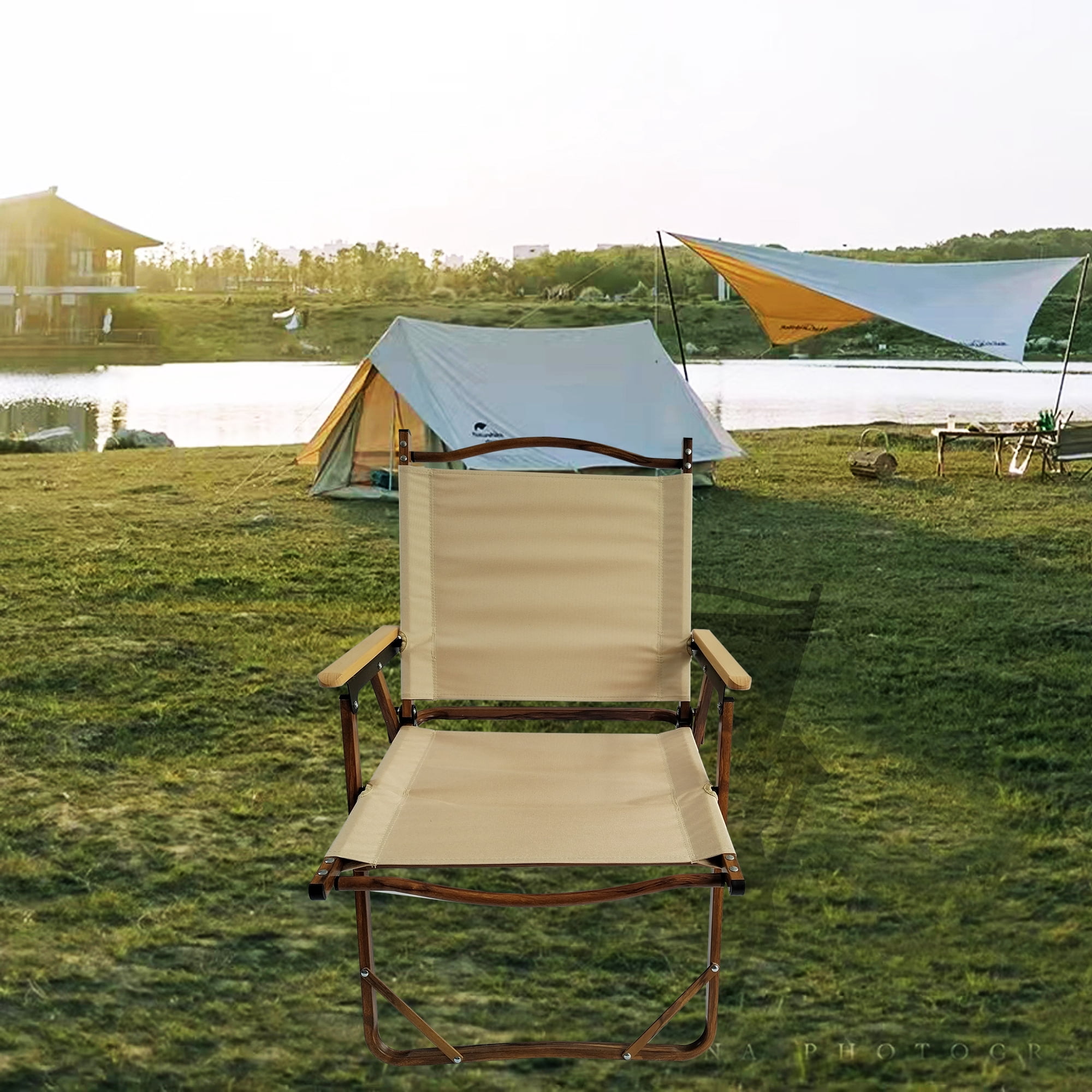 Portable Camping Folding Chair, 4 Pack Armrest Design Aluminium Frame Comfort Outdoor Leisure Chair, Natural