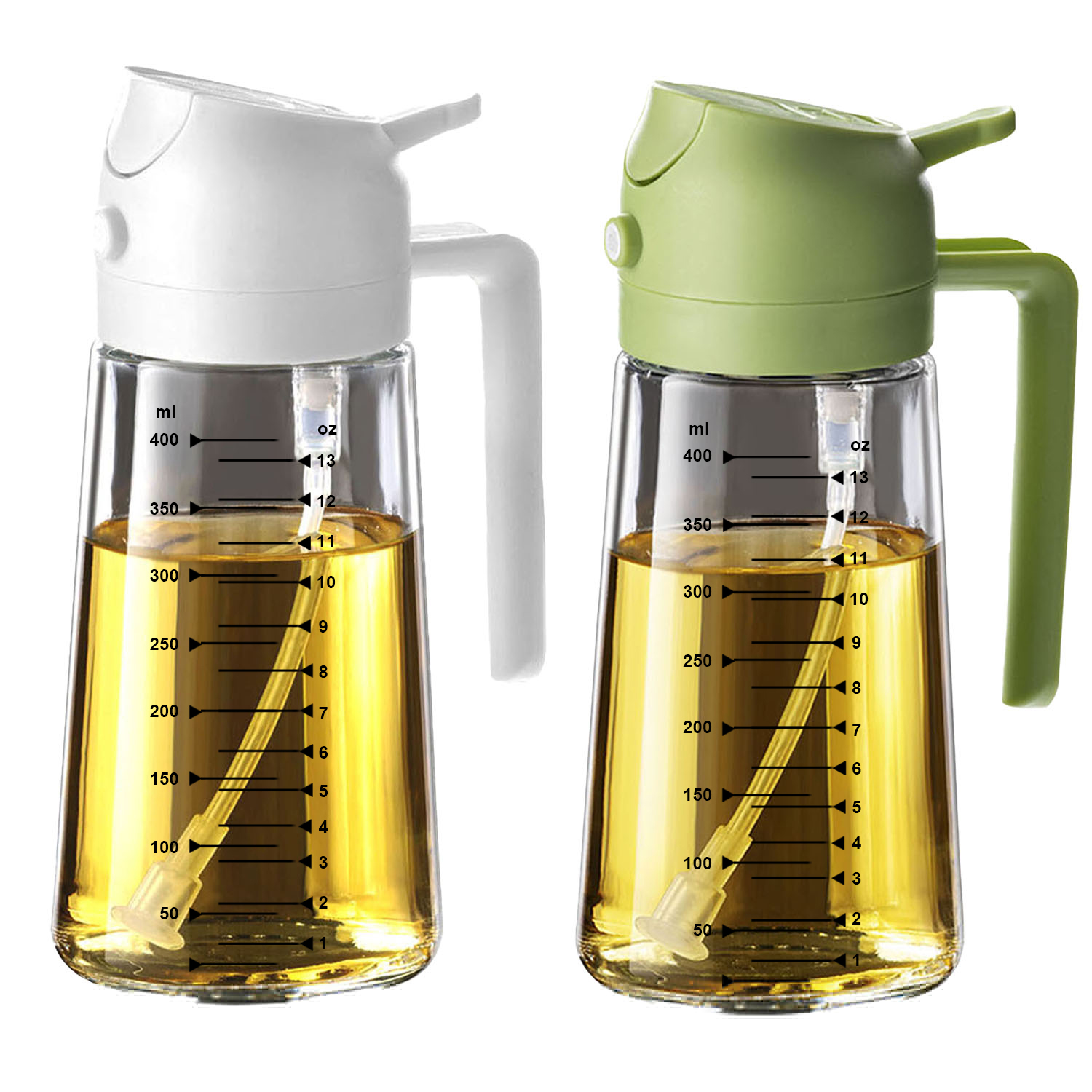 TrendPlain Rociador de Aceite de Oliva de Vidrio de 16oz/470ml para Cocinar - Dispensador de Aceite de Oliva 2 en 1 para Utensilios de Cocina, Freidora de Aire, Ensalada y BBQ - Blanco&Verde
