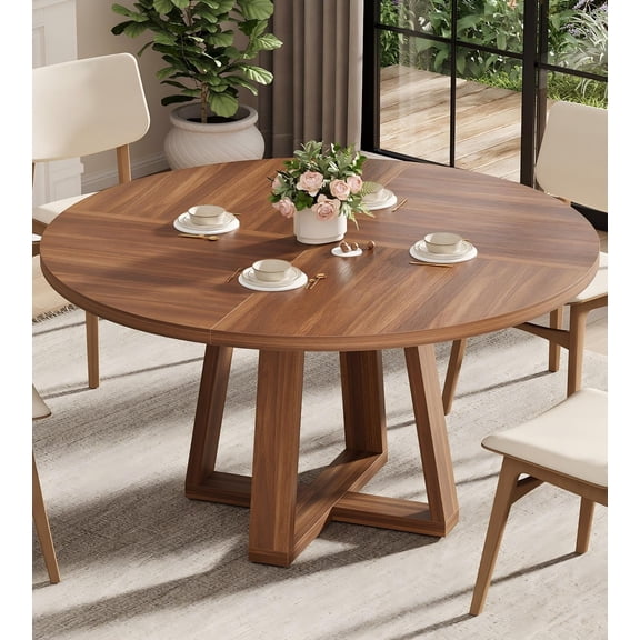 Round Dining Table With Cross Base, Walnut Finish, 47 Inch For 4-6 People