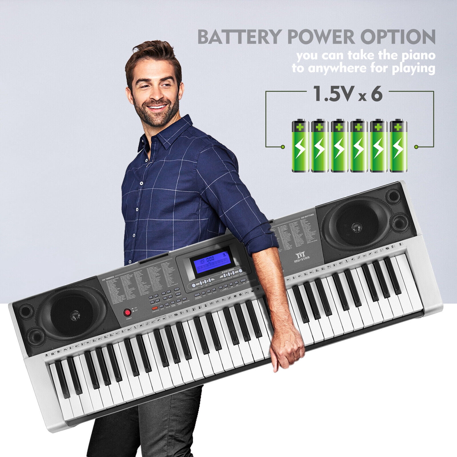 MUSTAR Full Size 61 Key Electric Piano Keyboard w/Stand,LCD Screen,Headphones,Microphone(Gray)