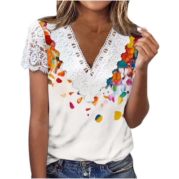 Alkepwun Going Out Tops for Women Lace V Neck Floral Print Short Sleeves Pullover Top Loose Casual Comfy Lightweight Breathable Tee Shirt