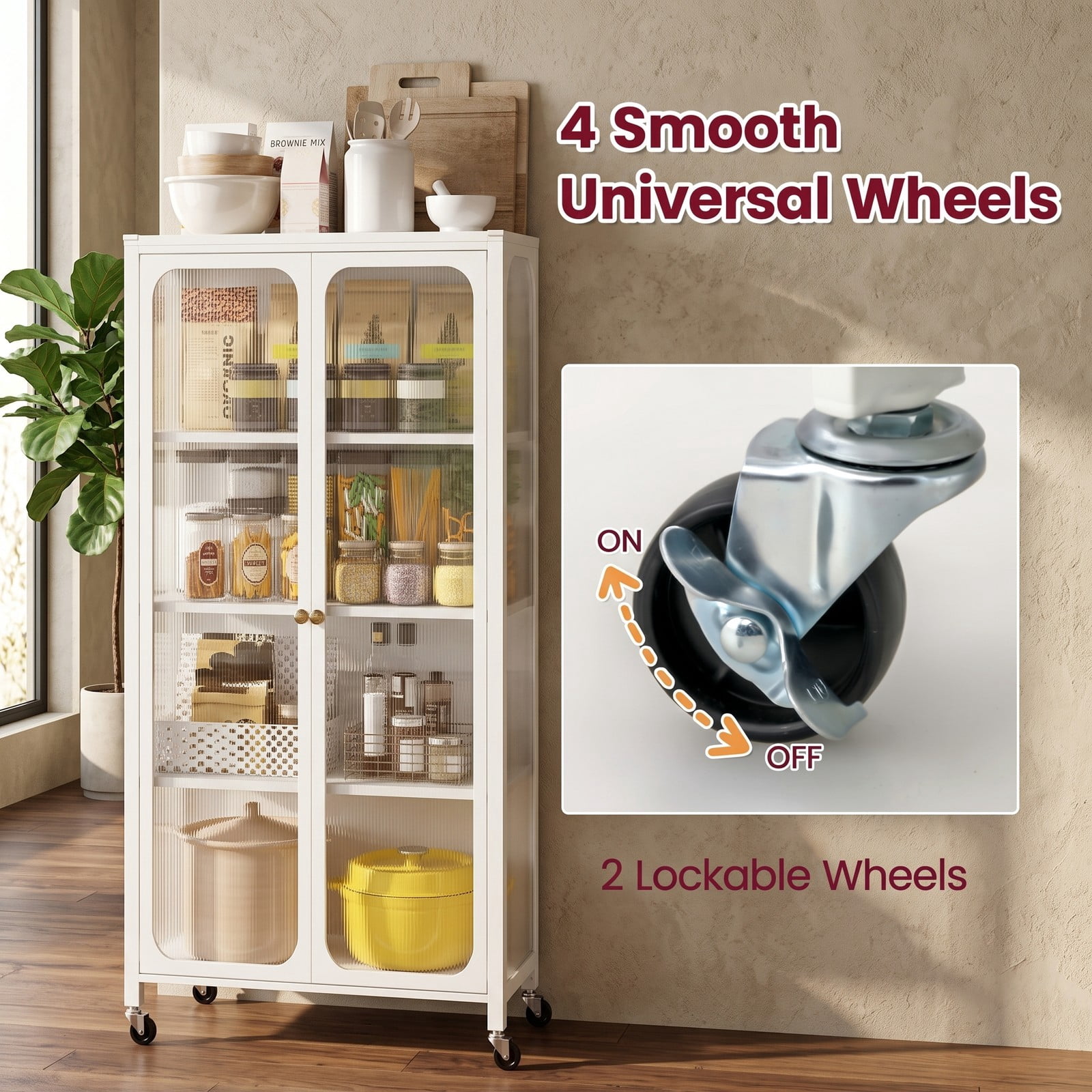 Furnibear 58 Inch Metal Bookcase with Adjustable Shelves, 4-Tier Rolling Storage Cabinet with Lockable Wheels, Transparent Doors and Anti-Tipping Kit for Home, White