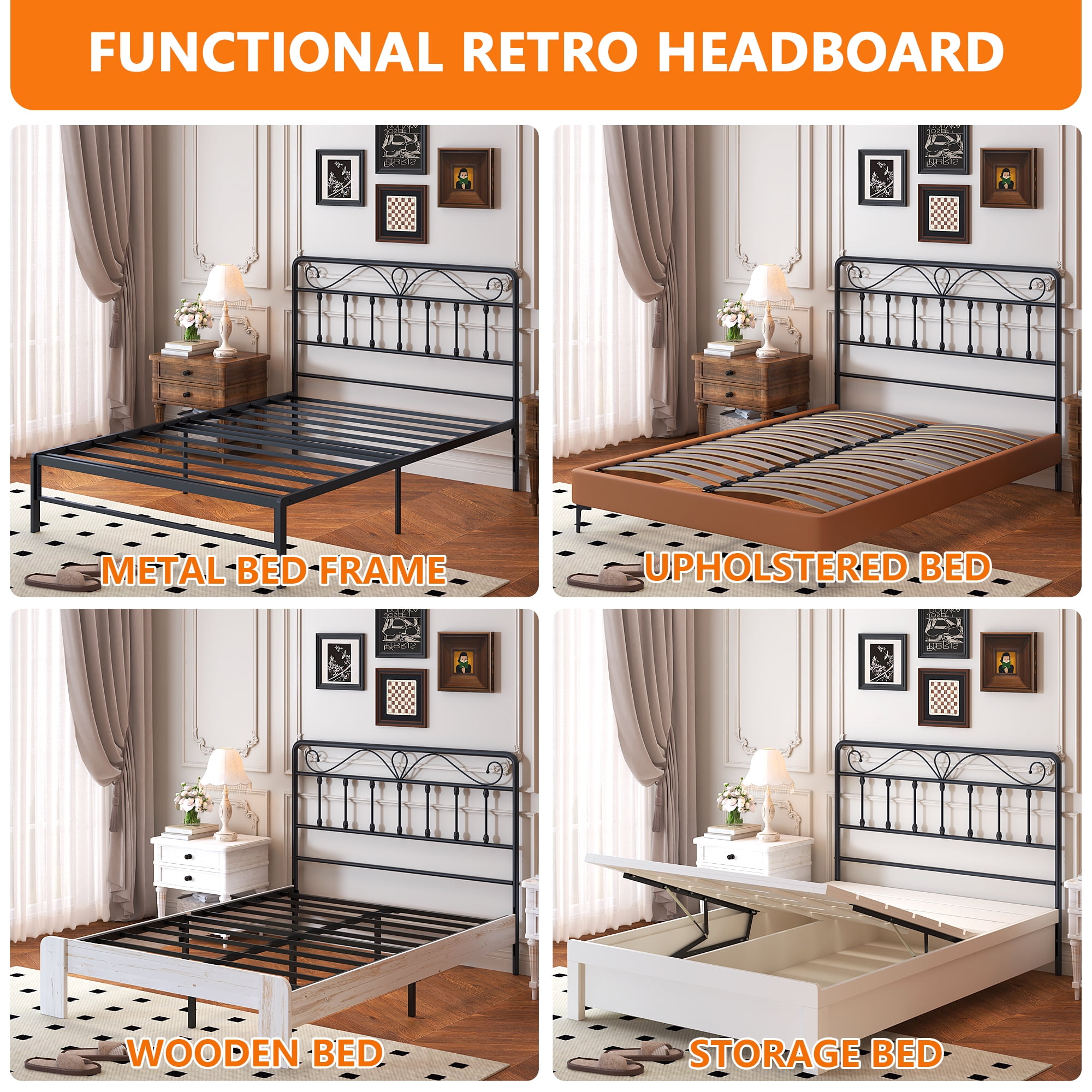Yoneston Alden Designed Metal Full Size Vintage Headboard with Height Adjustable for Bed Frame, Black