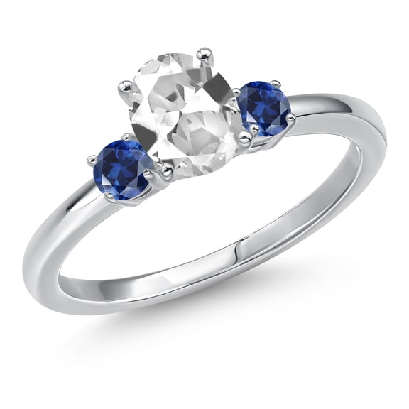Gem Stone King 14K White Gold White Created Sapphire and Blue Created Sapphire Engagement Ring for Women | 1.28 Cttw | Oval 7X5MM | Gemstone September Birthstone | Size 9