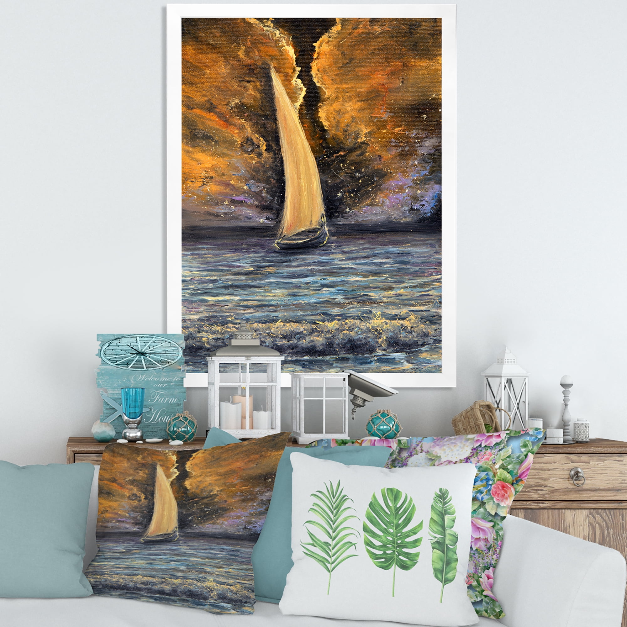 Designart 'Sailship On The Ocean At Morning' Nautical & Coastal Framed Art Print
