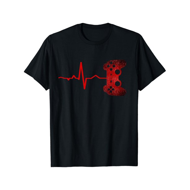 Gamer Heartbeat Graphic Tee - Soft Medium Stretch Polyester Crew Neck Short Sleeve T-Shirt for Adult Men - Comfy Trendy Alphabets Print Casual Daily Wear for All Seasons with Machine Wash Care