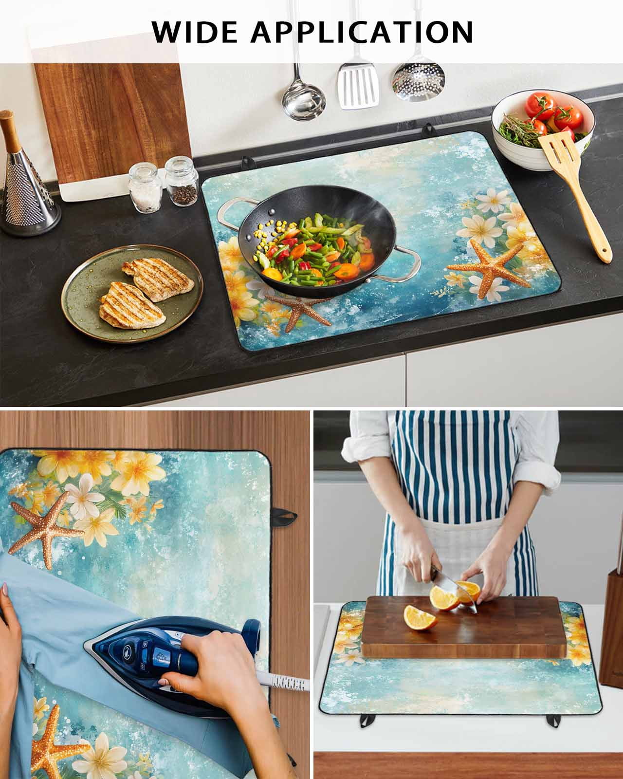 nqOlkjepod Large Induction Cooktop Protector Mat 24"x21", Summer Coastal Stove Top Covers for Electric Stove, Blue Ocean Starfish Botanical Flowers Stove Burner Cover Mats, Glass Top Stove Cover