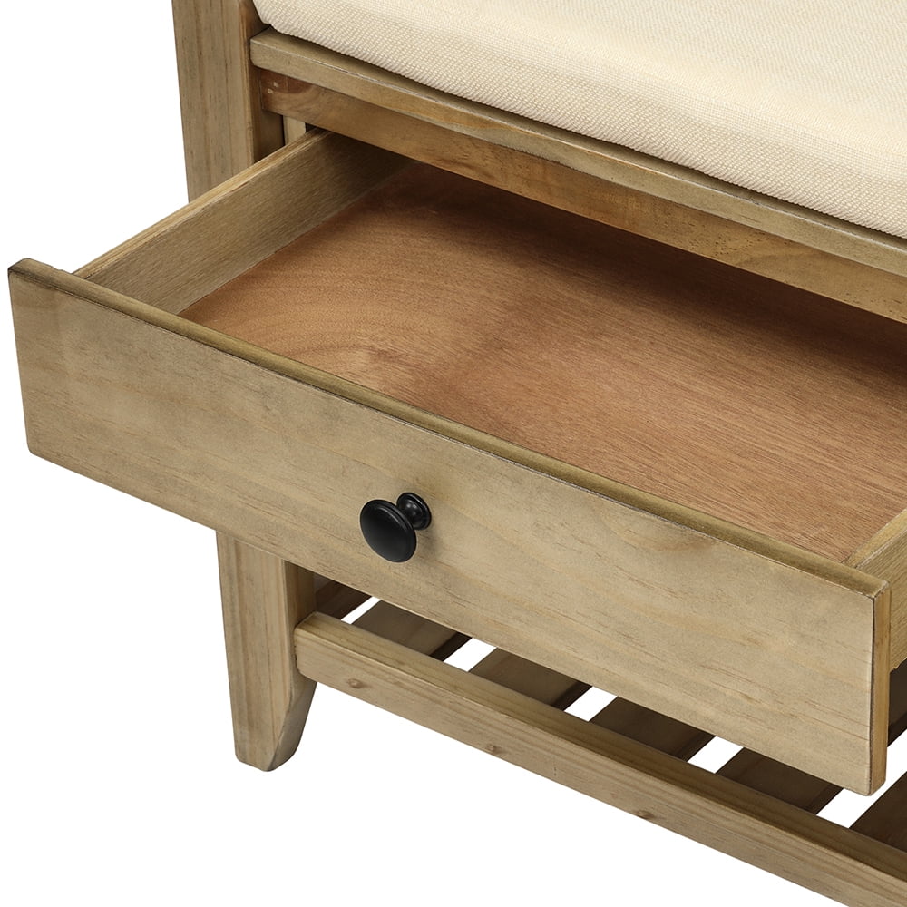 Kepooman Storage Bench, Shoe Bench for Entryway, Rustic Solid Wood Bench with Cushioned Seat and Drawers for Living Room, Wood Color Kepooman Storage Bench, Shoe Bench for Entryway, Rustic Solid Wood Bench with Cushioned Seat and Drawers for Living Room, Wood Color