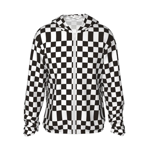 Xecao Black and White Checkerboard for Sun Shirt-A lightweight, hoodie-style long-sleeve UV protection garment designed for other outdoor activities.