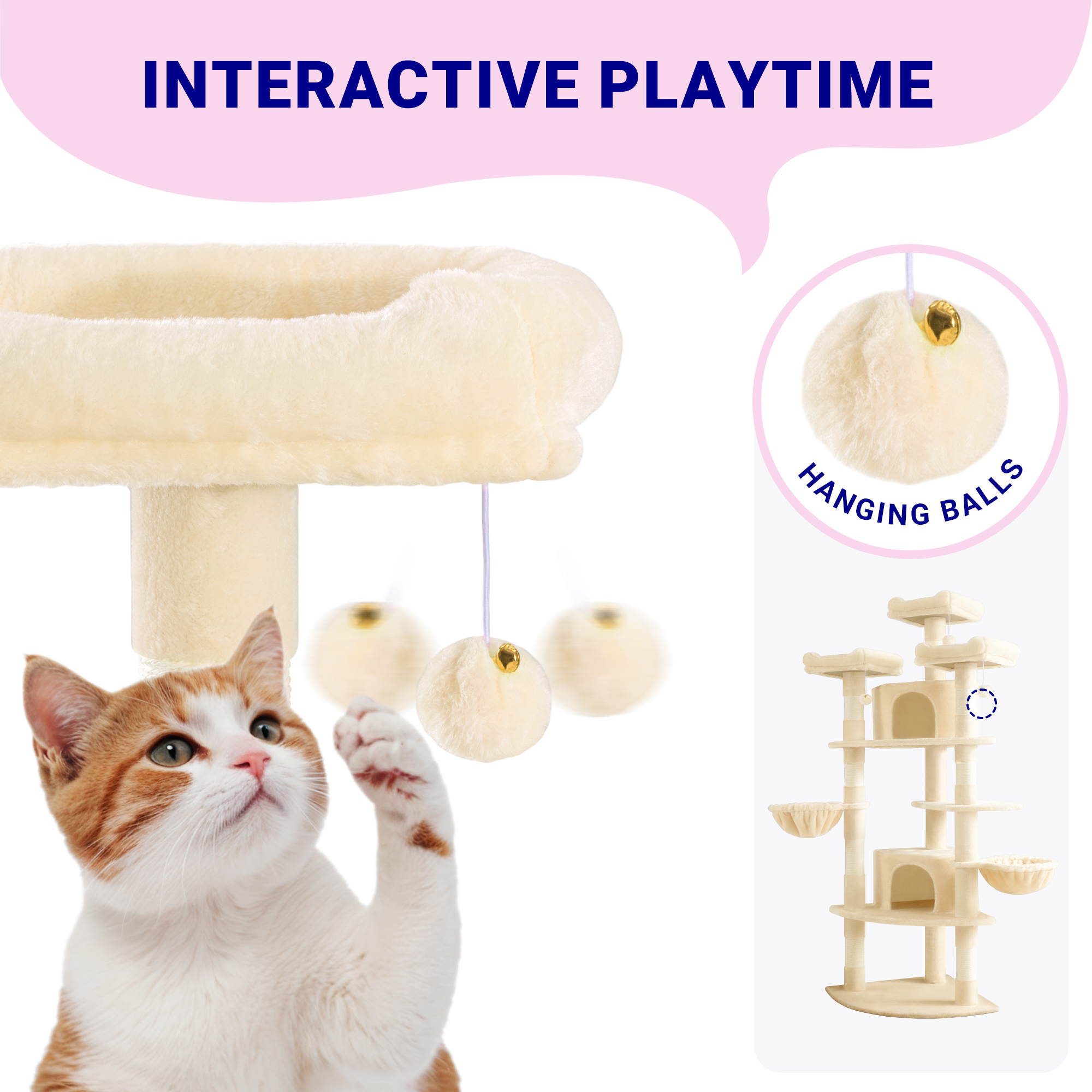 Allewie 73in Fan-Shaped Space-Saving Corner Cat Tower, Multi-Level Tall Cat Tree for Indoor Kitties, Cozy Baskets, Condos, House, Perches, Sisal Scratching Posts, Beige