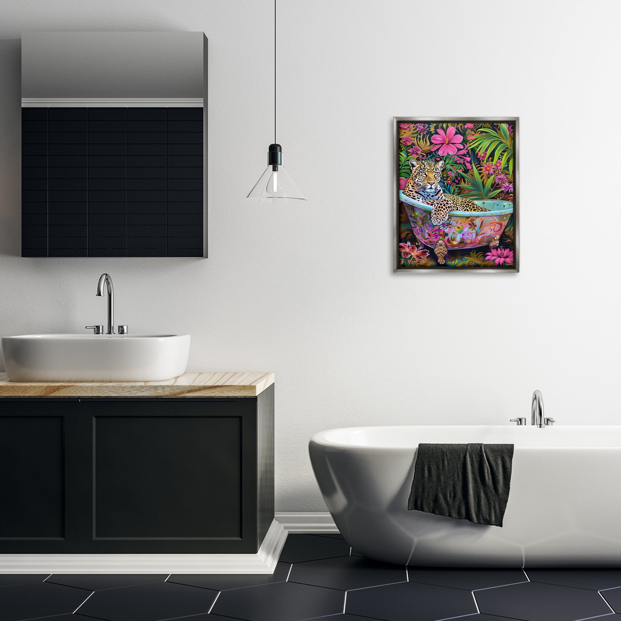 Stupell Industries Tropical Rainforest Leopard Tub Bath & Laundry Painting Gray Floater Framed Canvas Art Print Wall Art, 17 x 21
