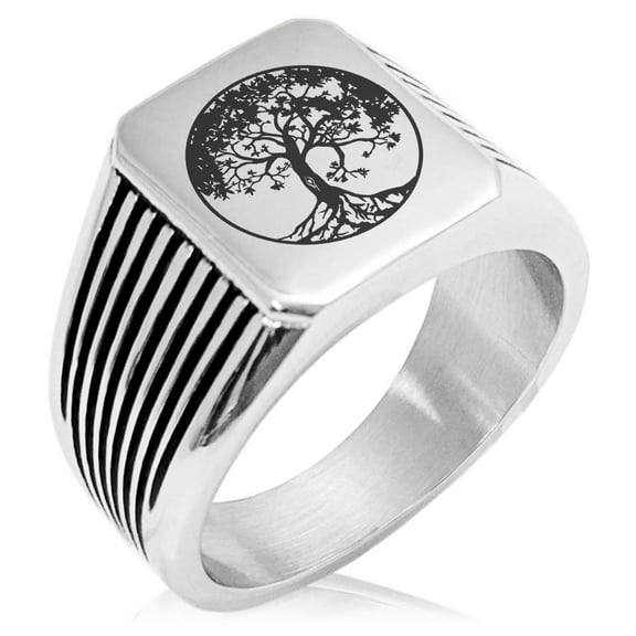 Stainless Steel Tree of Life Needle Stripe Pattern Biker Style Polished Ring
