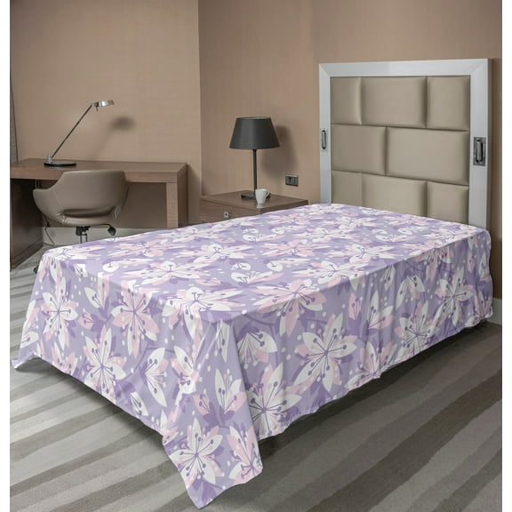 Ambesonne Floral Flat Sheet, Abstract Spring Flower Motif, TwinXL Size, Pastel Purple Lavender