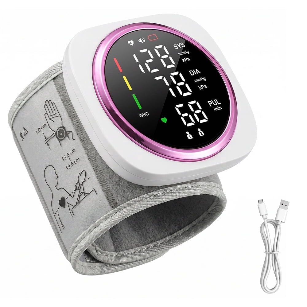 Extra Large Screen Wrist Blood Pressure Monitor, Rechargeable & Lightweight Portable Digital BP Cuff Machine with Dual User Memory, USB Rechargeable for Daily Health Tracking-Pink
