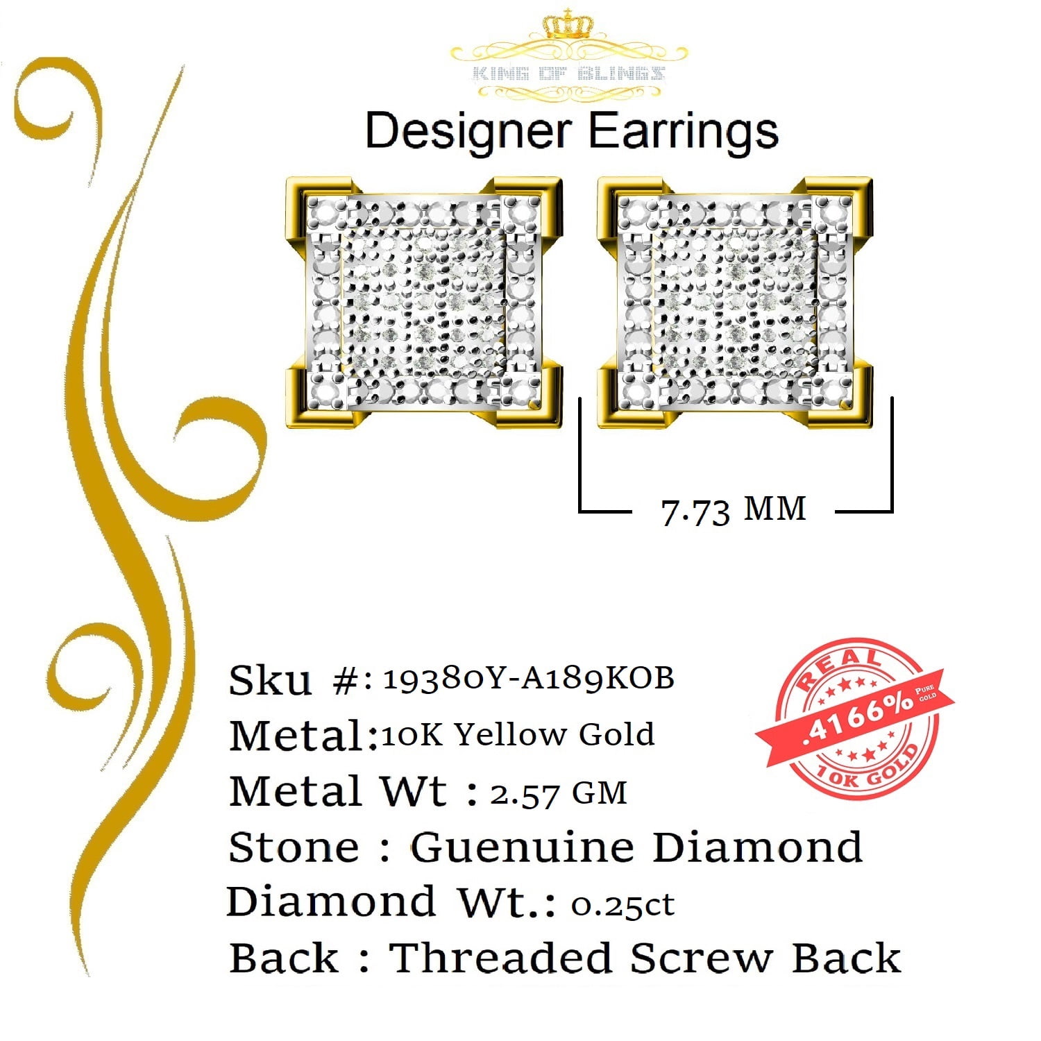 King of Bling's 10K Real Yellow Gold Real Diamond 0.25CT Men's/Women's Square Stud Micro Earring