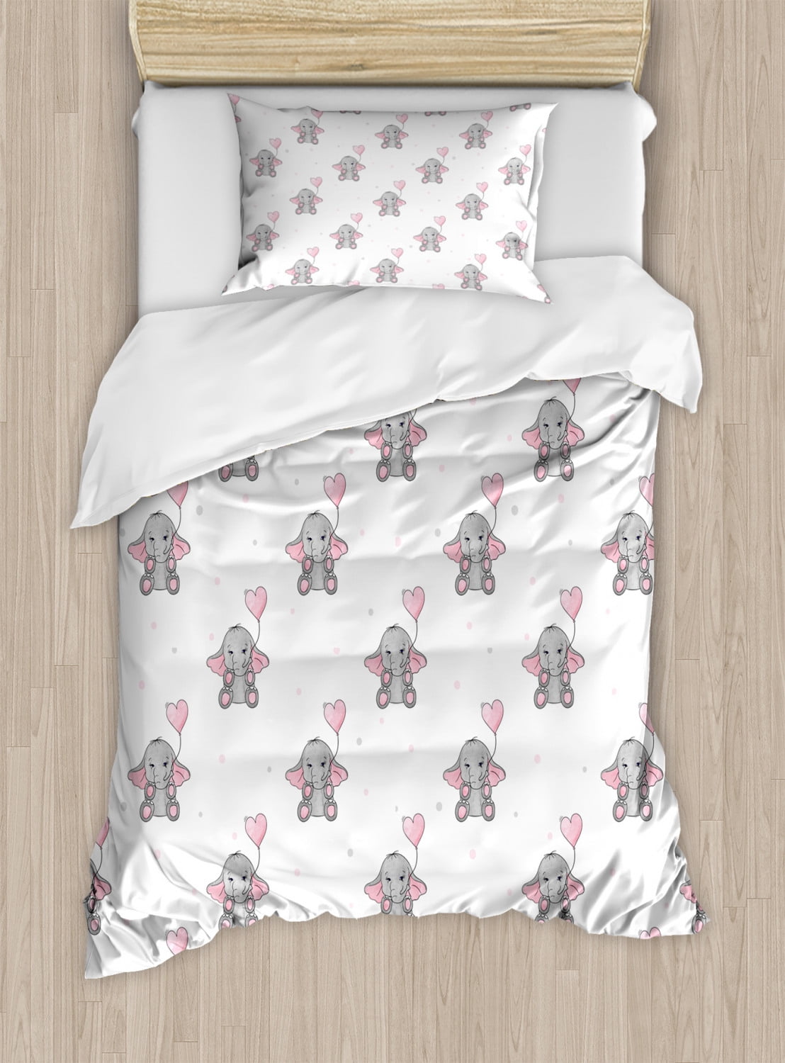 Elephant Nursery Duvet Cover Set Twin Size, Elephants Holding Heart