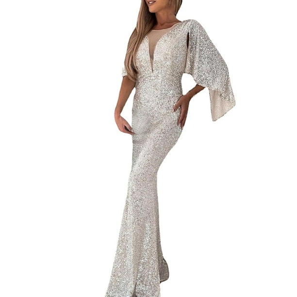 Gibobby Vestido de fiesta para mujer elegante Elegante vestido de noche plateado para mujer, ideal para damas de honor o azafatas, invitadas a bodas(Plata de plata,M)