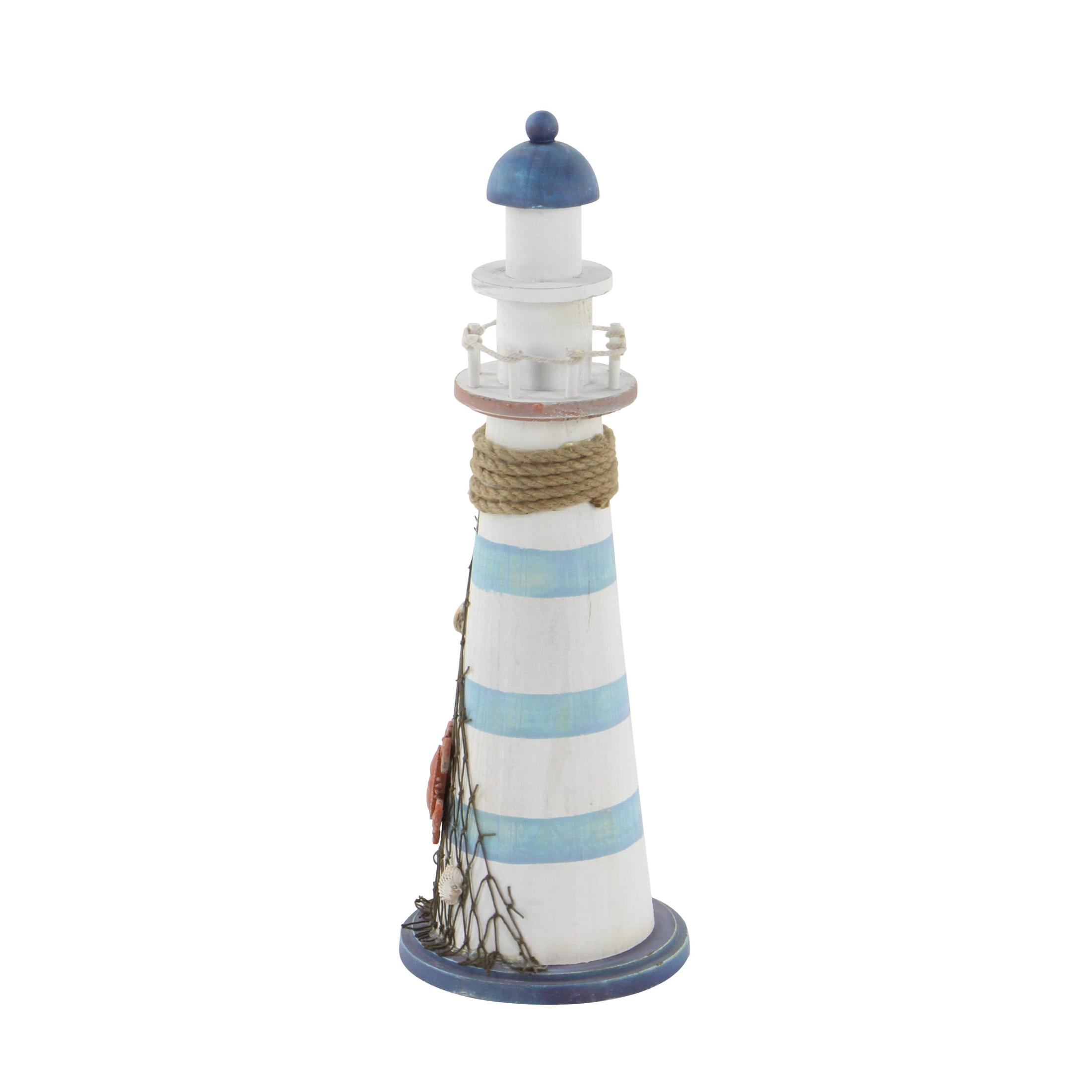 7" x 16" Blue Wood Light House Sculpture with Netting, by DecMode