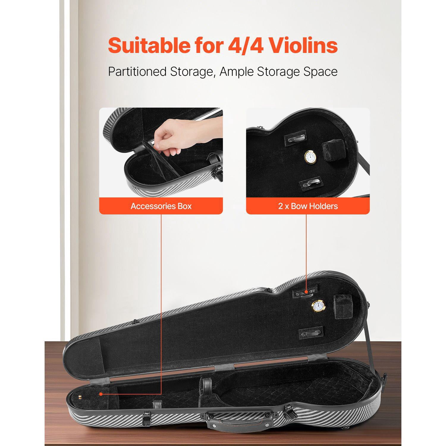 4/4 Full Size Violin Case with Built-in Hygrometer Lightweight Portable Travel Bag Plush Lining Dual Shoulder Straps Anti-Scratch Professional Triangular Shape Black