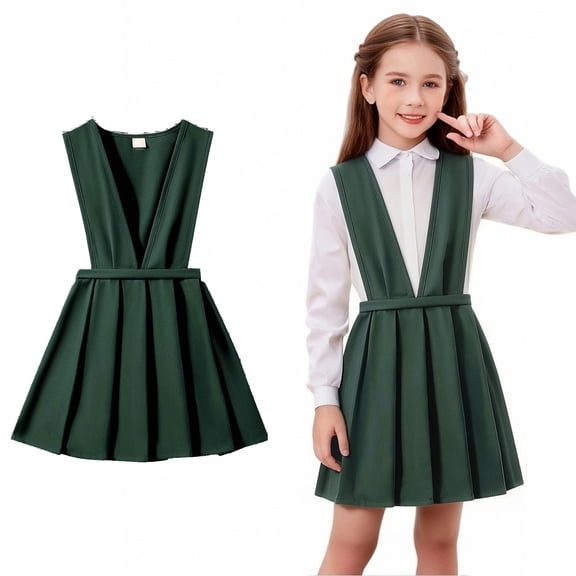 Toddler Uniform Dresses for Girls A-Line Pleated Hem Knee Length Sleeveless Green Uniform Dresses for Girls Back To School Outfits Toddler Uniform Jumper for Girls 3-4 Years