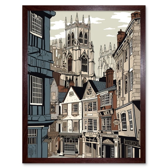 Shambles Street Cityscape with York Minster Towers Art Print Framed Poster Wall Decor 12x16 inch