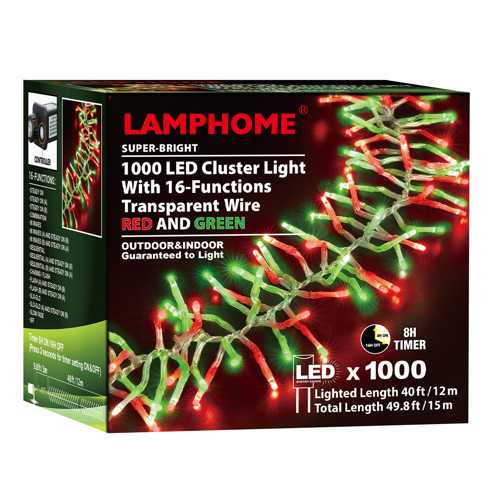 Christmas Mini Tree Lights Outdoor Cluster Light, 1000 LED Firecrackers String, 16 Modes Timer Remote Waterproof Plug in Twinkle Fairy Lights for Garland Window Party（Red and Green）