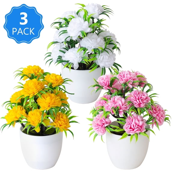 Hengbo 3PCS Small Artificial Flower Pots with 12head Chrysanthemum Balls UV-Resistant Artificial Flowers Suitable for Home Office Bathroom Wedding And Farmhouse Decoration